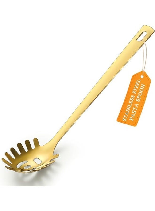 Gold Spaghetti Spoon, ReaNea Pasta Server, Stainless Steel Pasta Spoon with Teeth, Metal Pasta Fork, Noddle Fork Gold Kitchen Accessories Utensils, Heat Resistant, Dishwasher Safe - Image 1